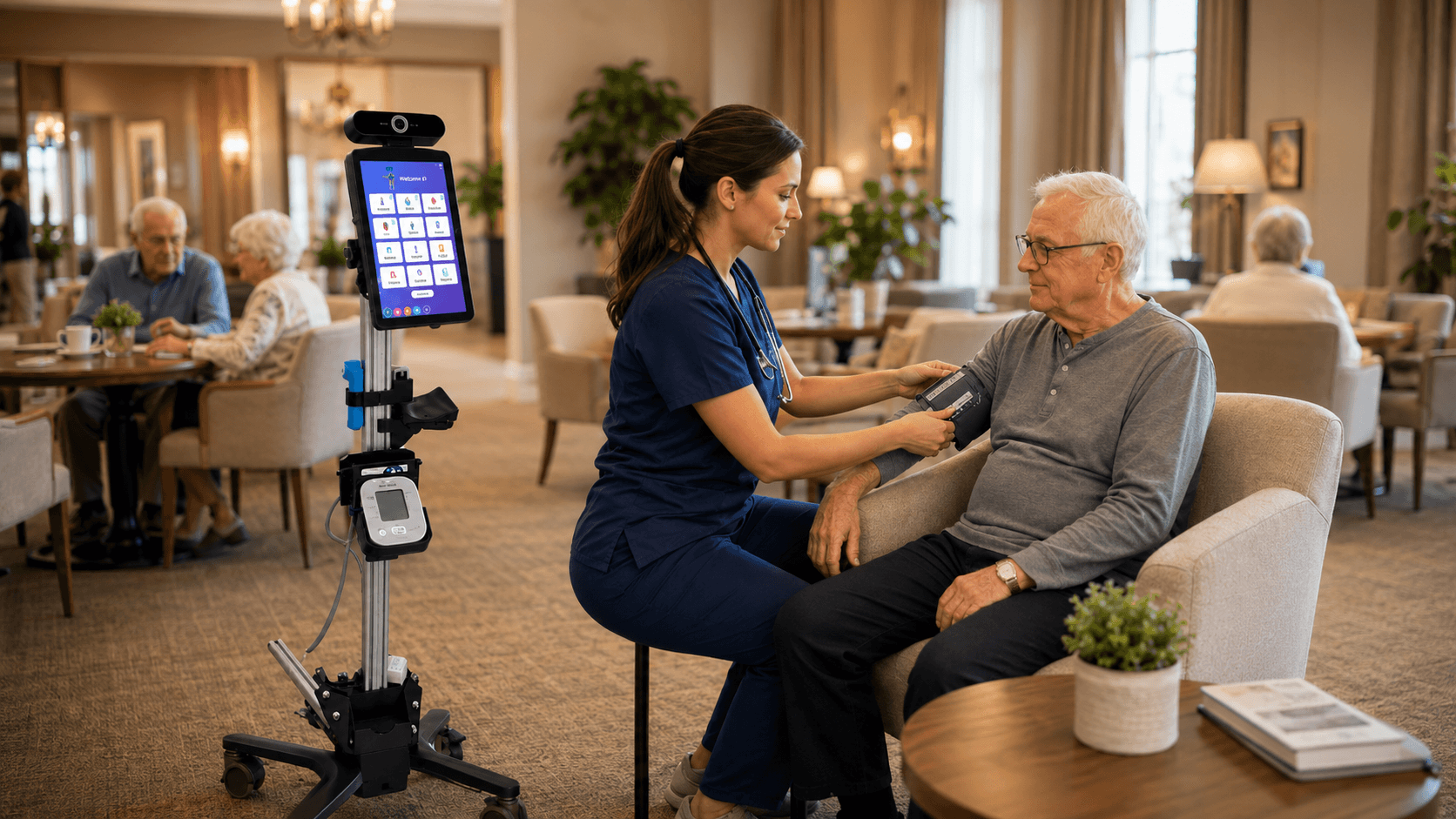 Nurse using MedSense CareStation with a patient in a senior living setting